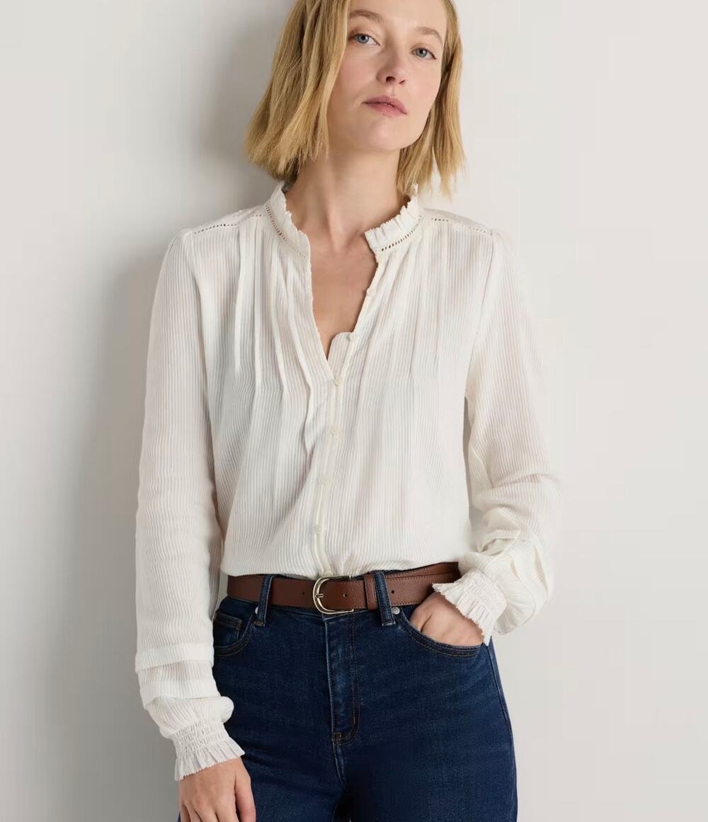 Quince Cream Long-Sleeve Pintuck Blouse